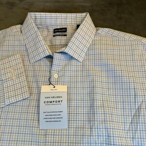 Van Heusen Comfort Performance Dress Shirt Mens 19 37-38 Tall Fit Ice Blue Check